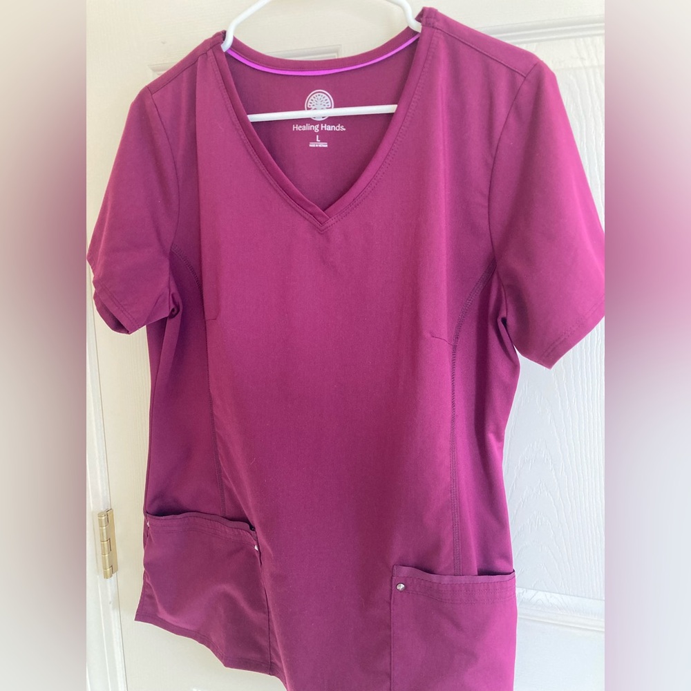 Healing Hands Women's  v-neck scrub top - Wine color. 2 more available.